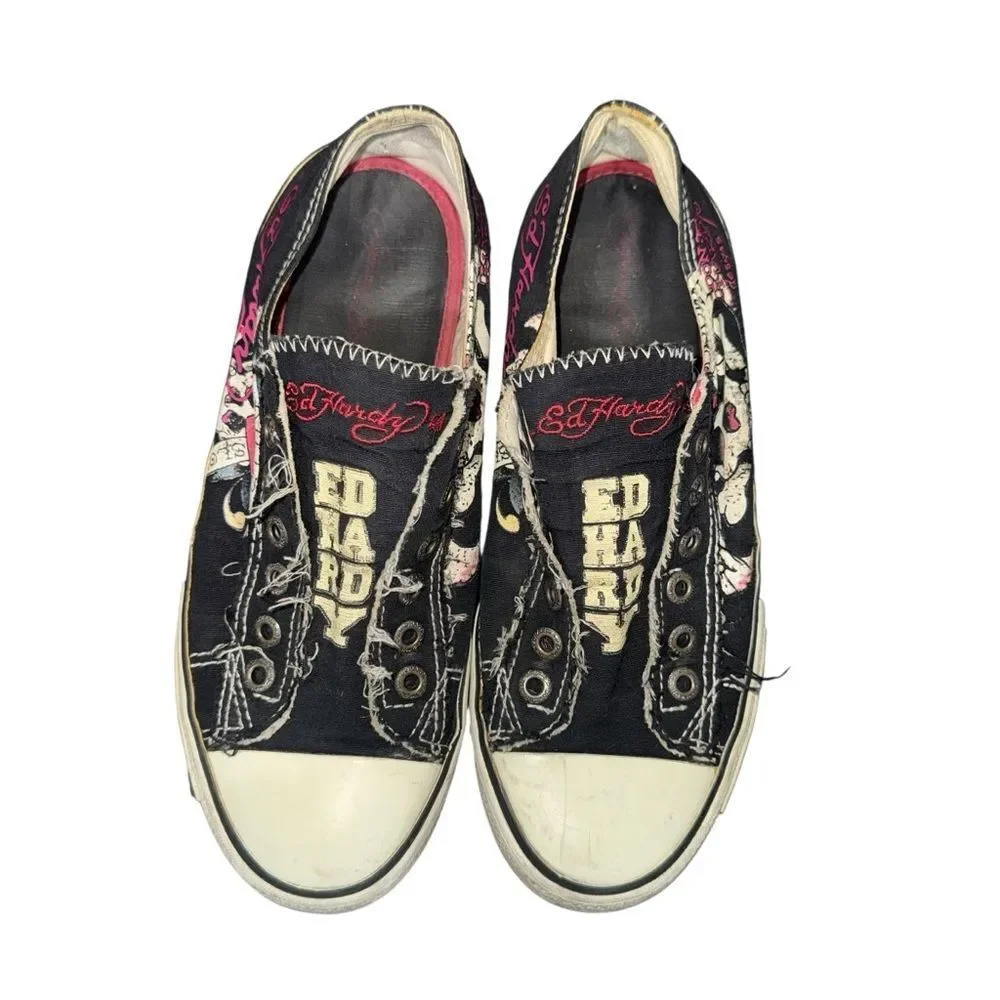 Women’s Ed Hardy Logo Graphic Black Canvas Slip-On Sneakers Y2K 2000’s size 9
